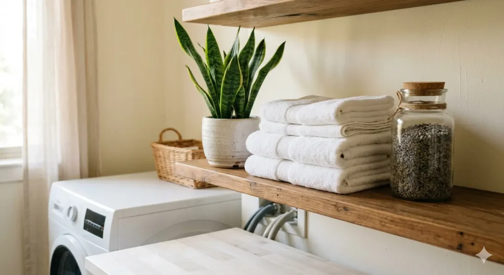 A close-up of a laundry room shelf featuring a vibrant Snake Plant in a ceramic pot, a stack of folded white linen towels, and a glass jar of lavender buds. The lighting is warm and inviting.