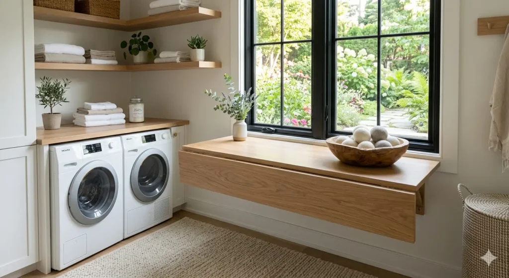 A serene laundry folding station with a large window overlooking a garden. A soft woven rug is on the floor, and a wooden bowl of wool dryer balls sits on the counter. The atmosphere is peaceful and high-end.