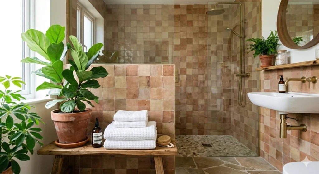 An image of a bathroom color palette showing earth-toned tiles, green plants, and white towels for a balanced elemental look