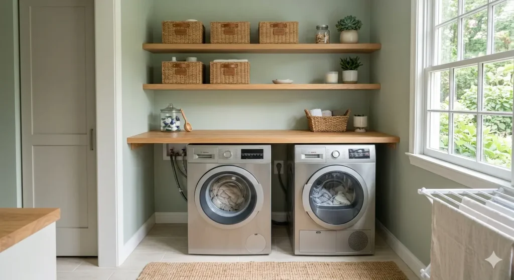 A modern front-loading washer and dryer set side-by-side under a light oak wood counter. Above them are organized wicker baskets and a small succulent. The walls are a soft sage green.