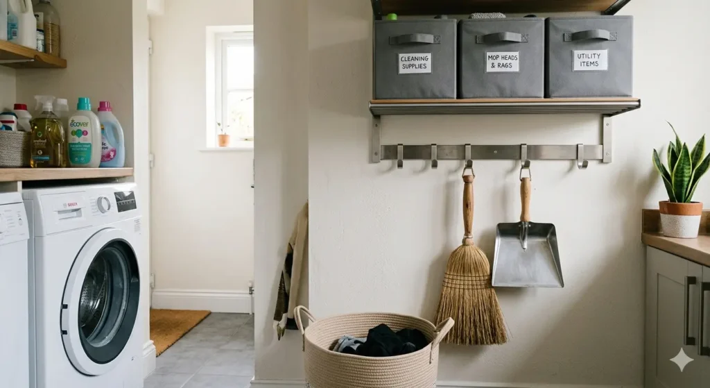 A wall-mounted organization system in a utility room with metal hooks holding a wooden broom and dustpan. Neatly labeled fabric bins sit on a shelf above, showing a perfectly organized "zone" system.