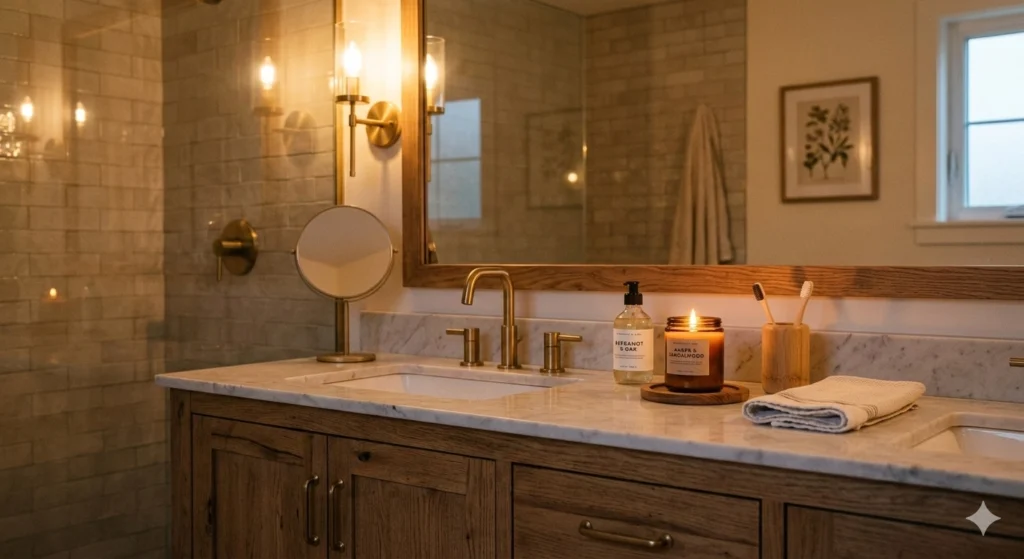 An image of a bathroom vanity with warm, glowing lights and a scented candle to introduce the fire element