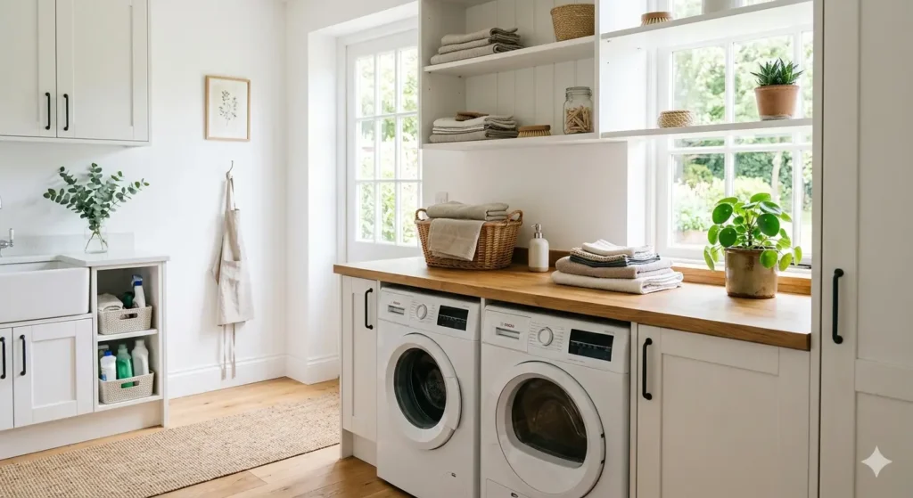 A bright, airy laundry room with white cabinetry, a wooden countertop, and a small green potted plant on a shelf. Natural sunlight is streaming through a window, creating a serene and clean atmosphere.
