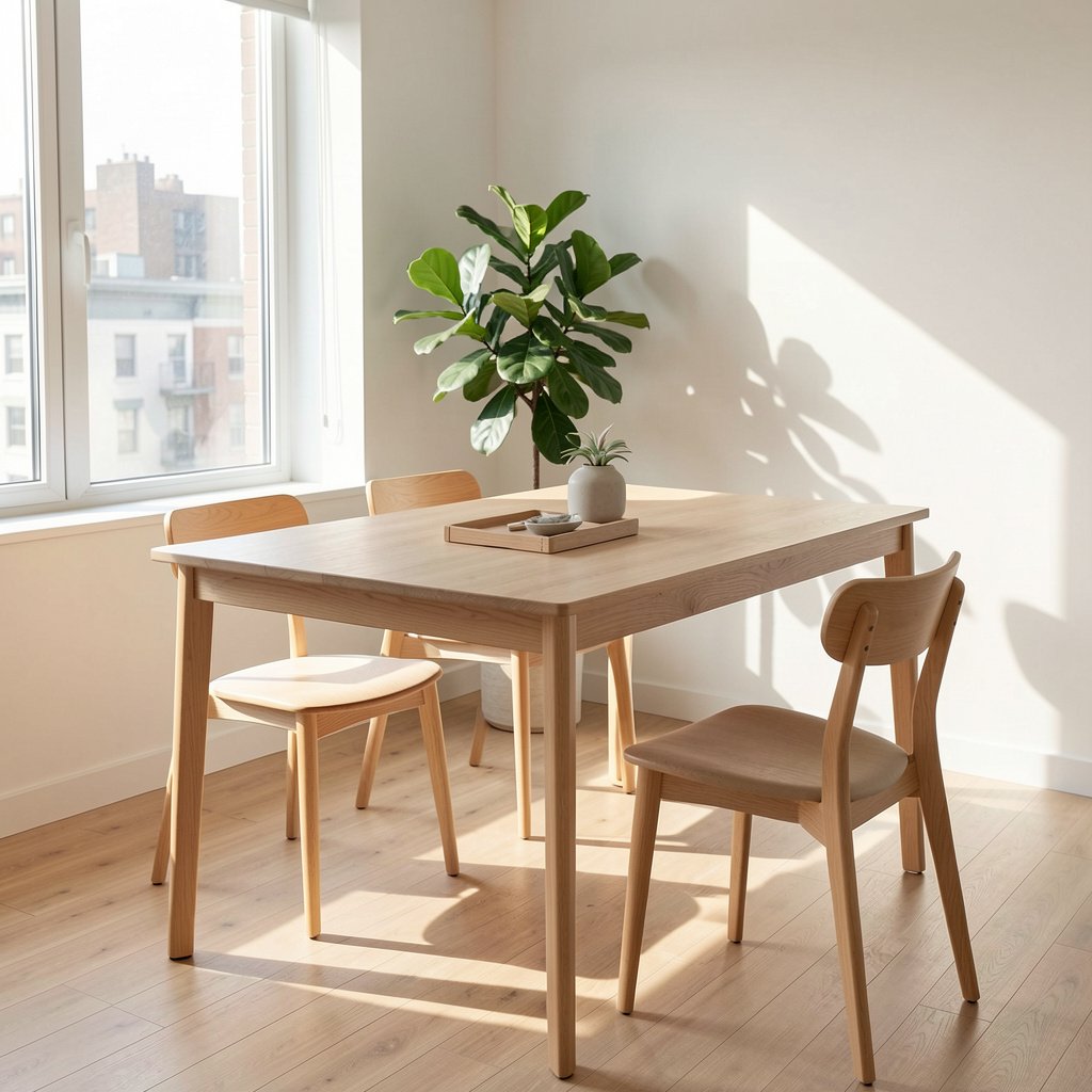 A minimalist wooden dining table in a sunlit apartment corner with a green plant, demonstrating clean feng shui dining room table placement