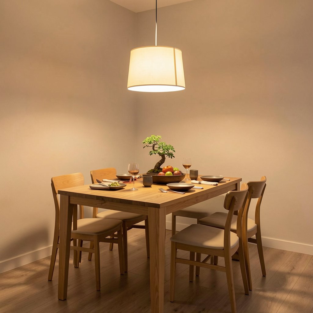 A warm-lit dining nook with a pendant lamp hanging over a clean table, showing feng shui dining table setup for positive energy