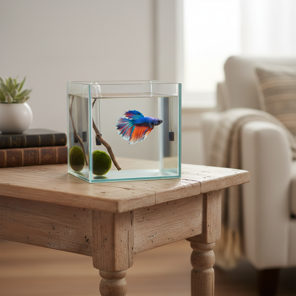 A small, elegant glass aquarium with a single vibrant fish placed on a wooden console table