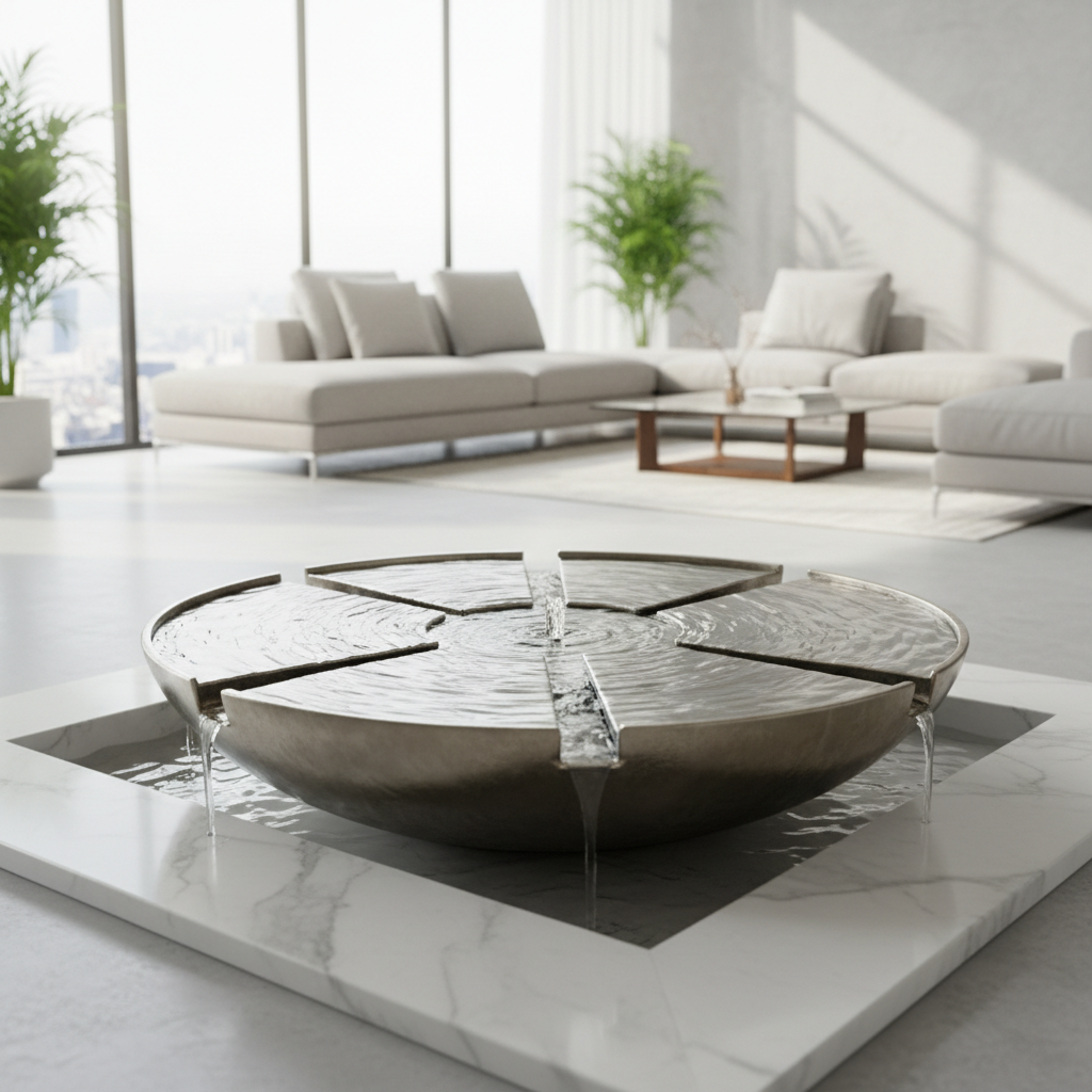 A close-up of a metallic indoor fountain where the water flows toward the interior of a bright living room