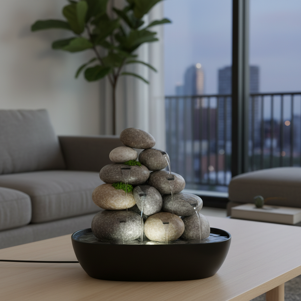 A serene tabletop water fountain with smooth stones and clear flowing water in a modern apartment setting