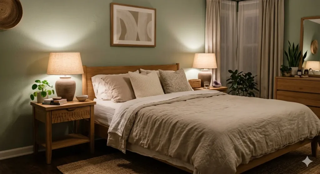 A serene bedroom with matching bedside lamps on wooden nightstands. The light is dim and warm, reflecting off soft linen bedding. No overhead lights are visible.