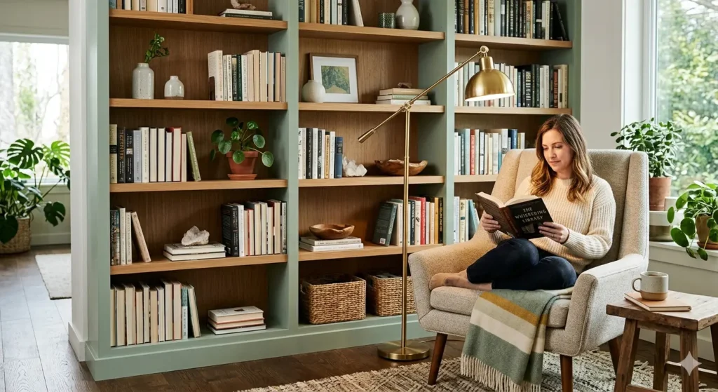 A modern bookshelf painted in soft sage green and warm wood tones, featuring a mix of books and open space, with a stylish brass floor lamp leaning over a reading nook.