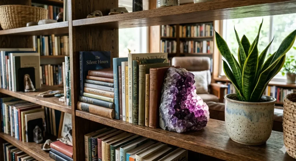 A close-up shot of a bookshelf shelf featuring a cluster of books, a vibrant green Snake Plant in a ceramic pot, and a large, glowing Amethyst cluster used as a bookend.