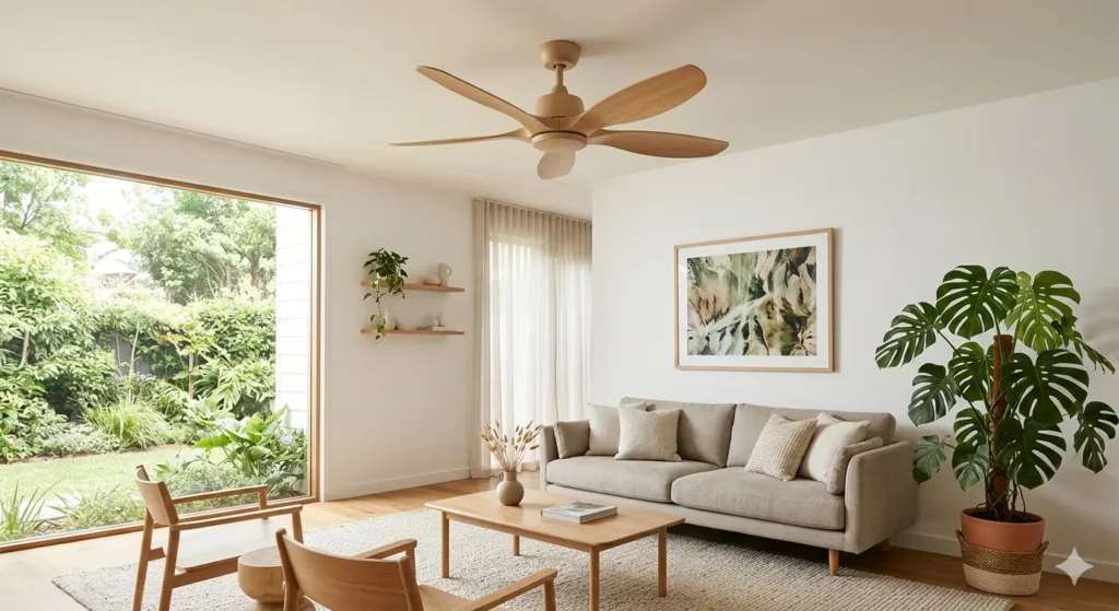 A photorealistic, high-resolution interior shot of a minimalist living room featuring a light wood ceiling fan with rounded blades. The room has soft natural lighting, a large green Monstera plant in the corner, and a neutral-toned sofa, symbolizing balanced energy flow.