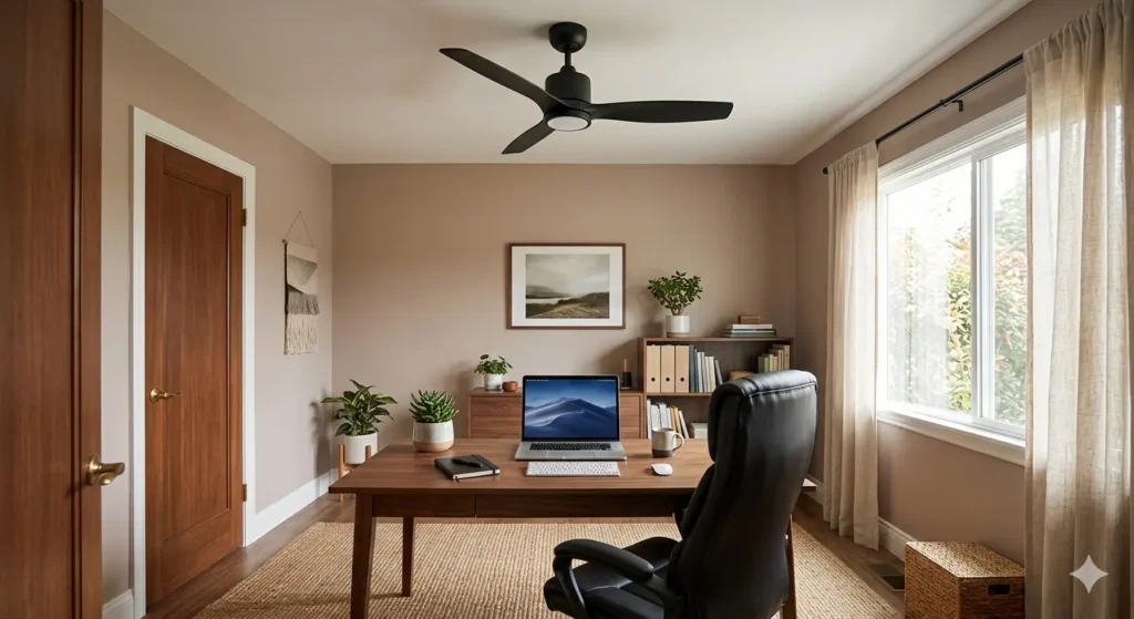 A clean, organized home office with a sleek black ceiling fan. The desk is positioned in the "Command Position" facing the door, with a small succulent and an organized laptop setup, illustrating career-focused Feng Shui.