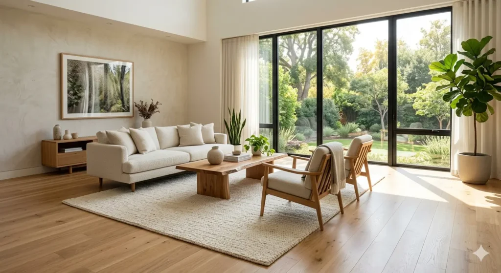 A serene modern living room with light oak hardwood floors and a large, soft cream-colored wool rug. The sun is shining through large windows, highlighting a path of clear space. 8k resolution, photorealistic, interior design style.
