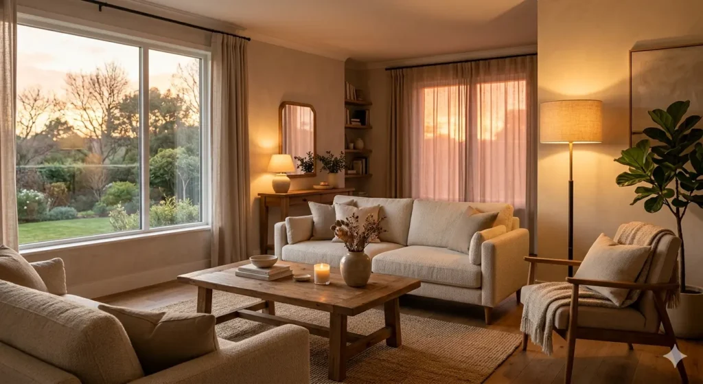 A cozy living room at sunset featuring a warm-toned floor lamp in a far corner, casting a soft glow on a wooden coffee table, creating a sense of balance and flow. High-quality, realistic interior design style.