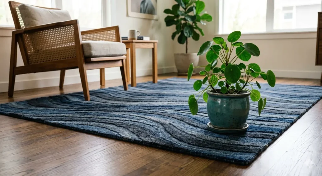 A close-up of a high-quality hand-woven wool rug with a subtle wave pattern in shades of deep blue and grey. A small green plant sits in a ceramic pot on the edge of the rug. High detail, soft lighting.