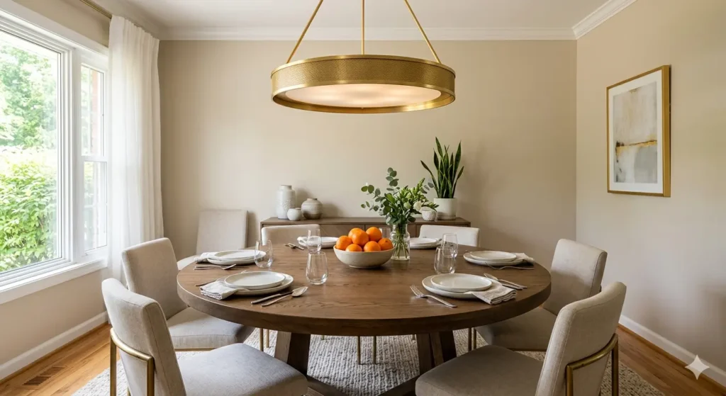 An elegant dining room scene showing a circular gold pendant light hanging over a round wooden table. The table is set with simple white plates and a bowl of bright oranges, representing wealth and harmony in Feng Shui.