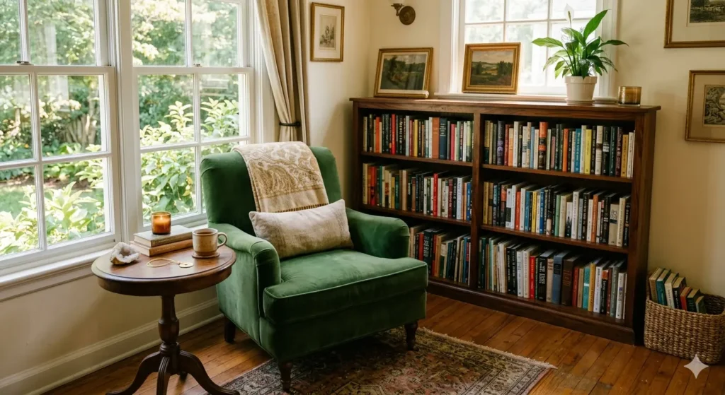 A cozy home library in a sunlit Southeast corner featuring a wooden bookshelf filled with neatly organized books, a comfortable green velvet chair, and a small gold coin charm on a side table to symbolize wealth.