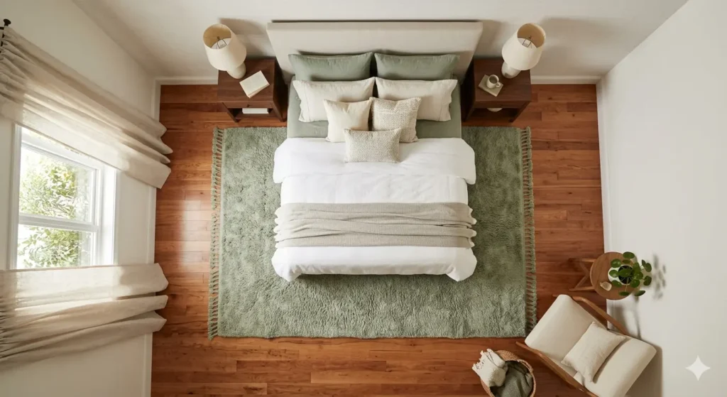 A top-down view of a bedroom showing a "command position" bed with a large, plush sage-green rug extending from underneath it. The floor is a warm cherry wood. The vibe is peaceful and luxurious.