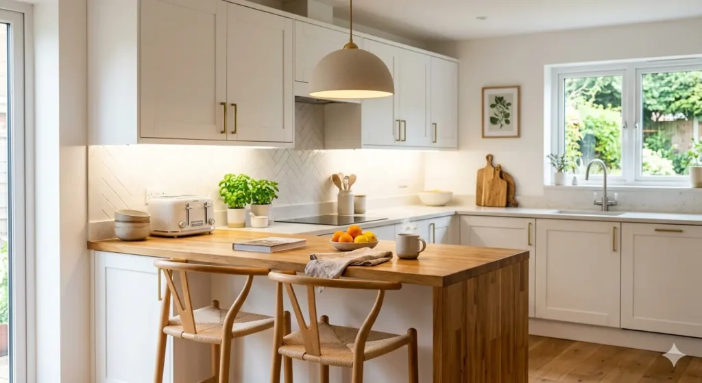 A modern kitchen with bright under-cabinet LED lighting and a simple pendant light over a wooden breakfast bar. The space looks clean, energetic, and full of light.