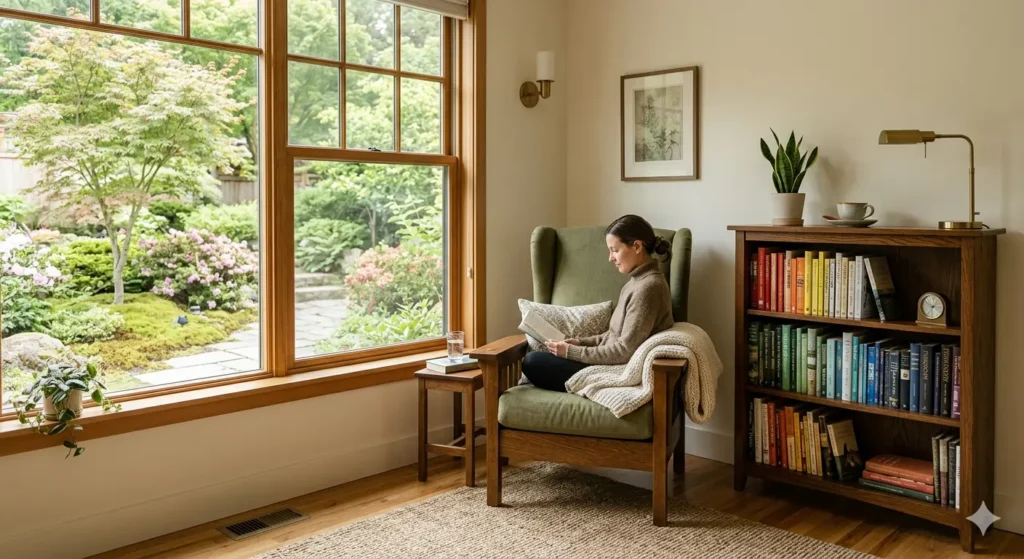 A peaceful reading nook with a high-backed armchair against a solid wall, a small wooden bookshelf nearby, and a window view of a calm garden, illustrating the commanding position.
