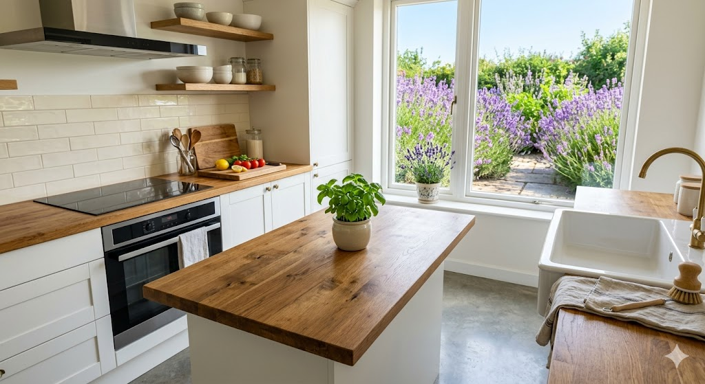 A wide-angle, high-resolution photo of a modern, bright kitchen featuring a wooden countertop between a sleek induction stove and a deep porcelain sink. A small potted basil plant sits in the center. Soft, natural morning light, 8k, photorealistic style.