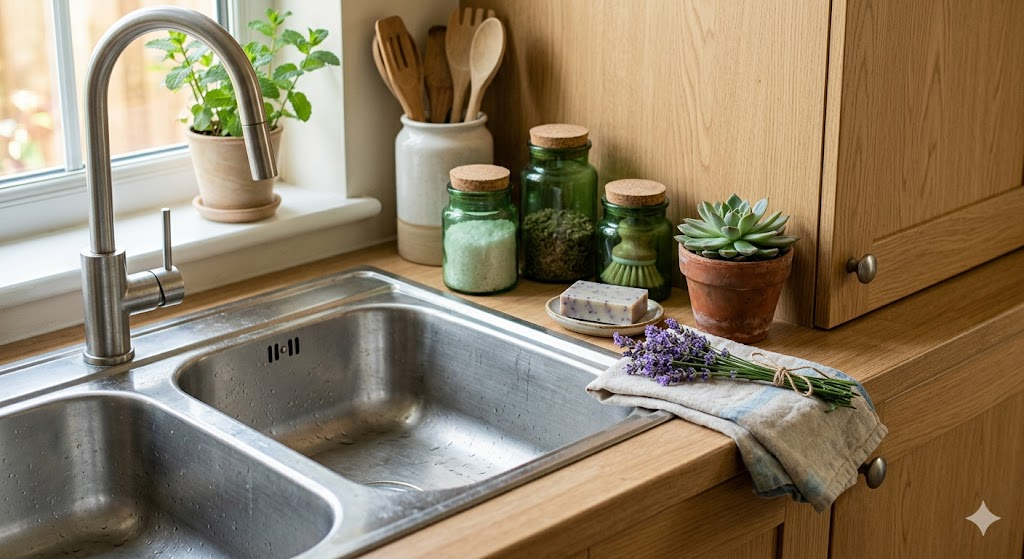 A close-up of a stainless steel kitchen sink next to a light oak cabinet. On the counter, there are green glass jars and a small succulent. The atmosphere is calm, clean, and organized. Cinematic lighting, macro photography.