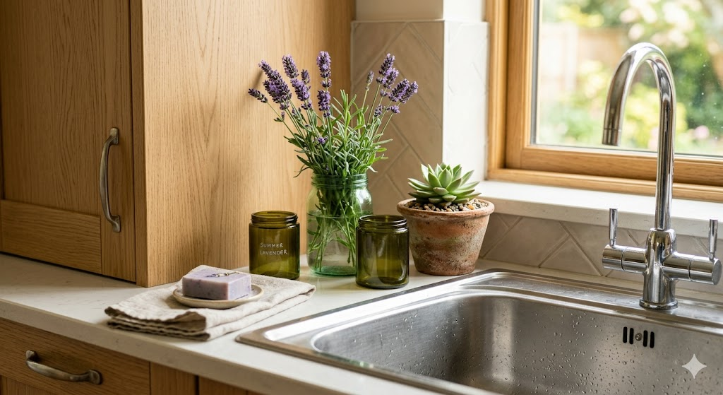 A close-up of a stainless steel kitchen sink next to a light oak cabinet. On the counter, there are green glass jars and a small succulent. The atmosphere is calm, clean, and organized. Cinematic lighting, macro photography.
