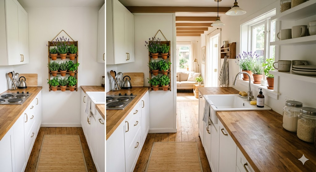 A cozy, small galley kitchen with white cabinets. A small green herbal garden hangs on the wall between a compact stove and sink. The floor has a light bamboo mat. High-quality interior design photography.