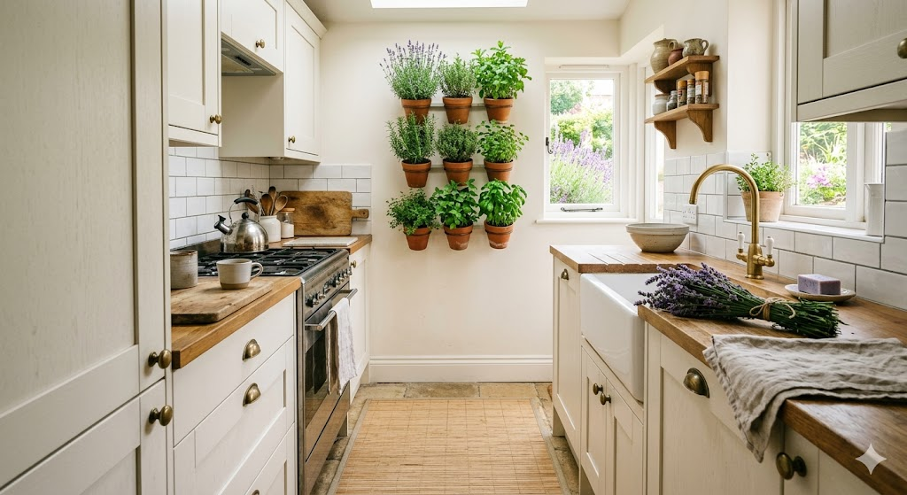 A cozy, small galley kitchen with white cabinets. A small green herbal garden hangs on the wall between a compact stove and sink. The floor has a light bamboo mat. High-quality interior design photography.