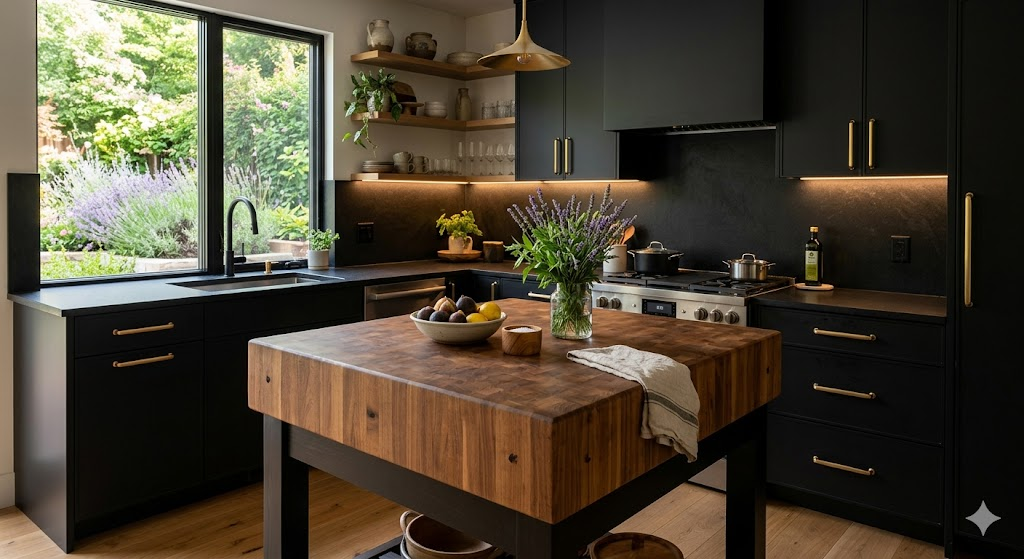An elegant black-themed kitchen with warm gold hardware and under-cabinet lighting. A large, thick wooden butcher block sits prominently on the island. The vibe is luxurious yet balanced. 8k resolution, architectural digest style.
