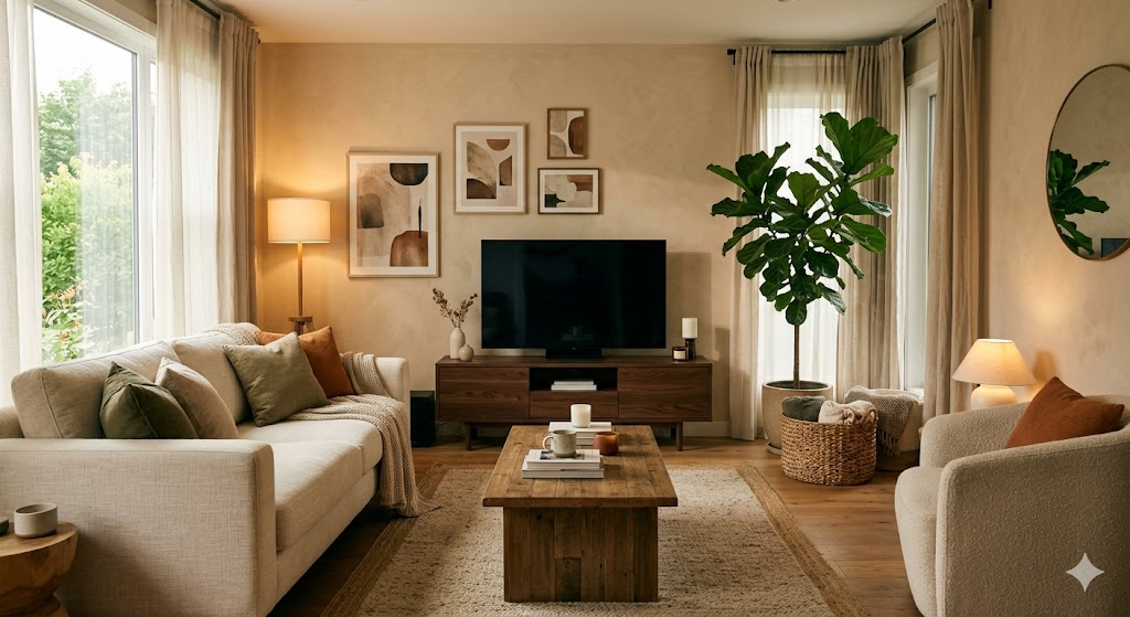 A cozy, modern living room with a TV discreetly placed on a wooden console. The room features soft lighting, a large indoor plant nearby, and a balanced layout with a cream-colored sofa. Cinematic lighting, photorealistic style