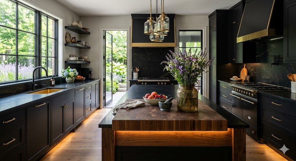 An elegant black-themed kitchen with warm gold hardware and under-cabinet lighting. A large, thick wooden butcher block sits prominently on the island. The vibe is luxurious yet balanced. 8k resolution, architectural digest style.