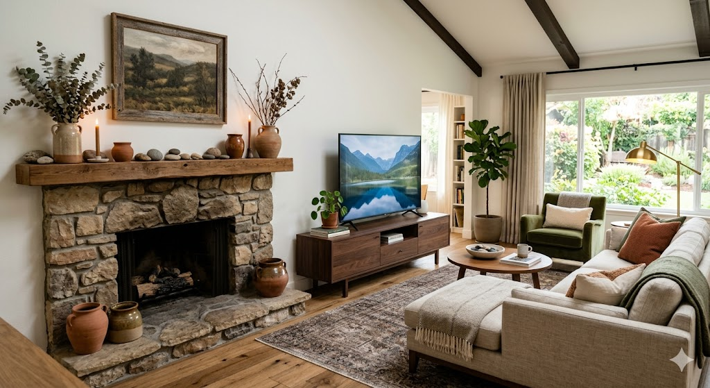 A stylish living room with a fireplace and a TV placed to the side on a sleek stand. There are stones and clay pots on the mantel to provide earth elements. Warm and inviting atmosphere, 8k resolution