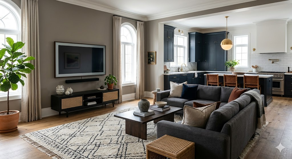 An open-concept living room and kitchen. A large area rug defines the TV viewing area. The TV is placed against a solid wall with a view of the kitchen but not directly facing the stove. High-end interior design style