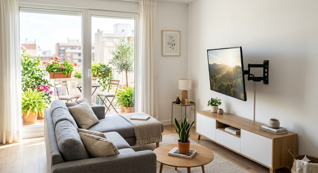 An open-concept living room and kitchen. A large area rug defines the TV viewing area. The TV is placed against a solid wall with a view of the kitchen but not directly facing the stove. High-end interior design style