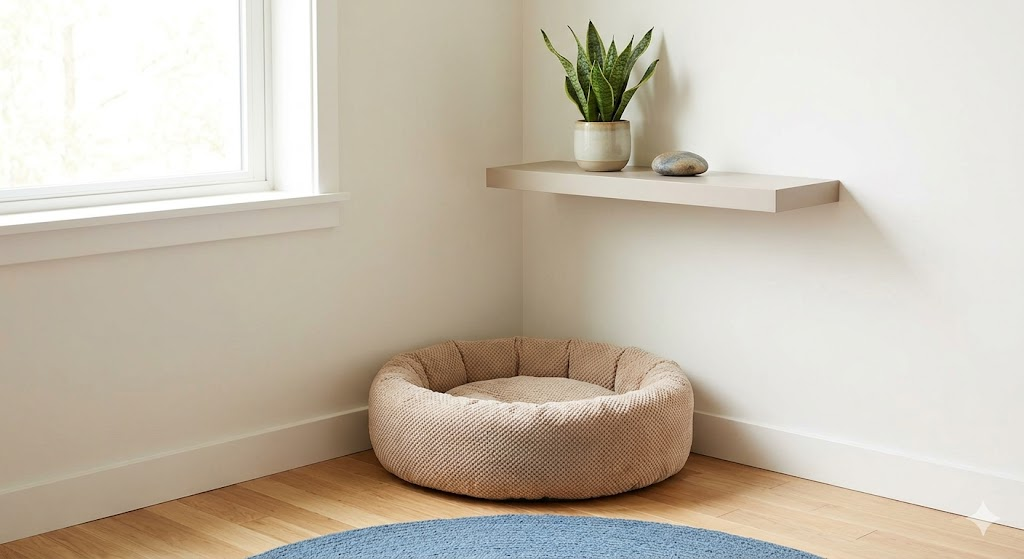 A perfect Feng Shui pet corner, utilizing a quiet corner with natural light and a clean setup.