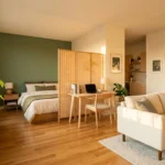 Wide-angle view of a beautifully arranged 400 sq ft studio apartment in warm afternoon light. A low platform bed sits in the far-left corner with a bamboo screen separating it from a clean wooden desk. A money tree plant glows near the window. Sage-green accent wall behind the bed. Cream-colored sofa near the entrance. Golden light. No clutter anywhere. The space feels calm, intentional, and inviting — like someone who has their life together.