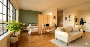 Wide-angle view of a beautifully arranged 400 sq ft studio apartment in warm afternoon light. A low platform bed sits in the far-left corner with a bamboo screen separating it from a clean wooden desk. A money tree plant glows near the window. Sage-green accent wall behind the bed. Cream-colored sofa near the entrance. Golden light. No clutter anywhere. The space feels calm, intentional, and inviting — like someone who has their life together.