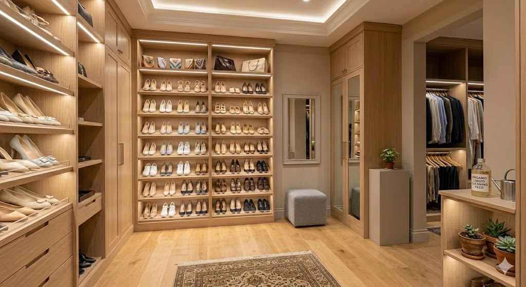 A beautifully organized walk-in closet with shoes neatly arranged by color on sturdy shelves. The lighting is soft and recessed, highlighting a clear floor space and a neutral color palette that evokes a sense of calm and order.