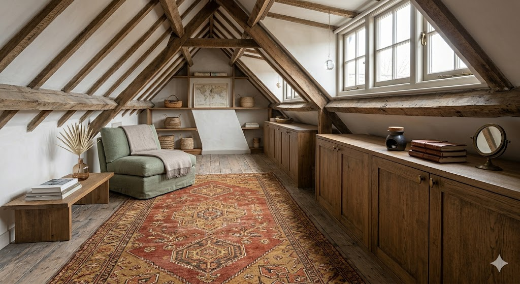 A high-quality interior shot of an attic floor with a beautiful Moroccan-style rug in earthy red and gold tones. Low-profile wooden cabinets sit along the wall, perfectly fitting under the eaves.