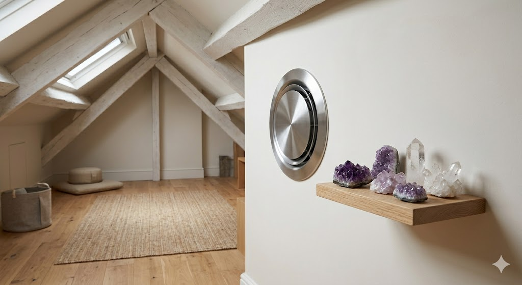 A modern attic renovation showing a sleek, circular ventilation fan integrated into a wall, with a small shelf nearby holding a cluster of amethyst and clear quartz crystals.