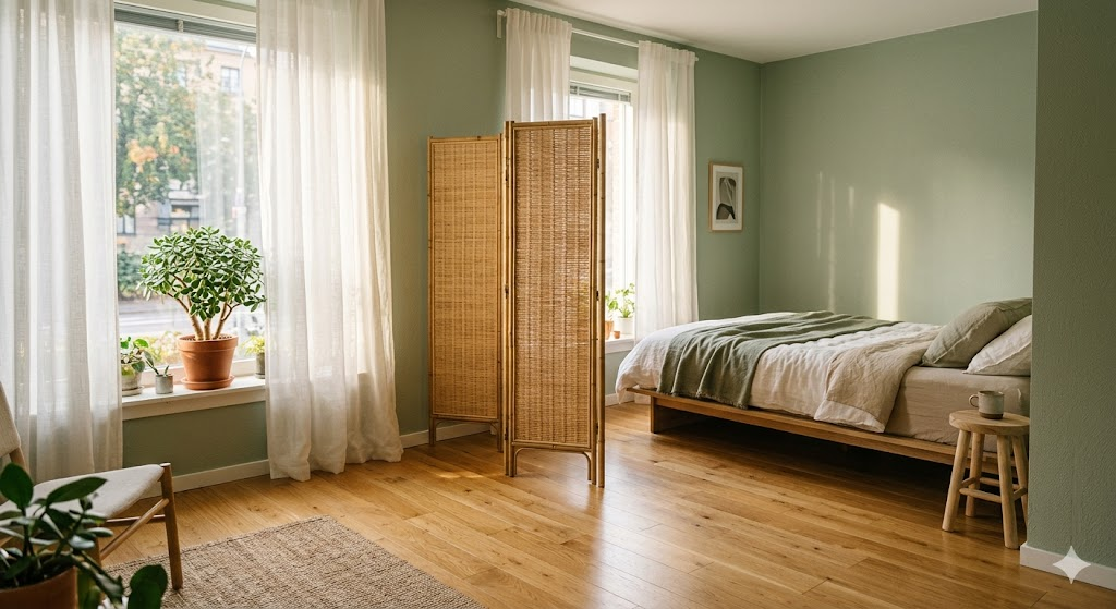 A minimalist studio apartment with warm afternoon light streaming through sheer curtains, a low-profile platform bed in the far corner positioned diagonally to face the entrance, a bamboo room divider separating the sleeping zone, potted jade plant on a windowsill, and a clear, uncluttered wooden floor. Soft sage-green walls. Warm, editorial photography style, slight film grain, natural tones.