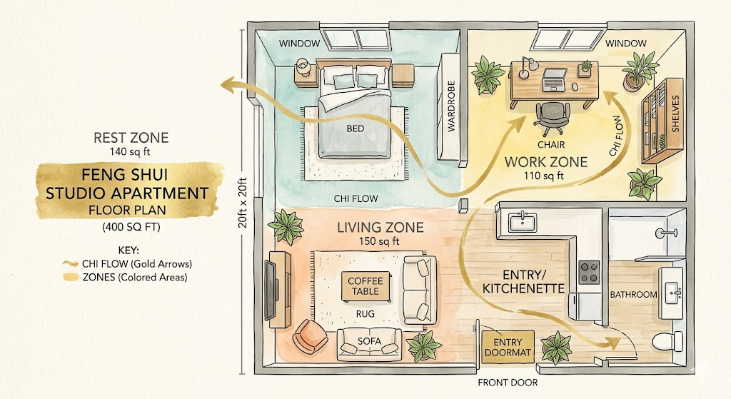 An overhead floor plan illustration of a 400 sq ft studio apartment showing three clearly labeled feng shui zones — Rest (back-left), Work (back-right), Living (front-center) — rendered in soft watercolor with chi flow arrows in gold, minimalist editorial infographic style on cream paper background.