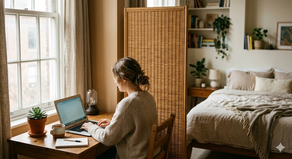 A studio apartment workspace separated from the bedroom by a tall woven rattan screen. Natural morning light from a side window falls across a wooden desk with a laptop and a small potted succulent. The sleeping area is soft and blurred behind the screen. Warm, calm atmosphere. Soft-focus editorial photography with shallow depth of field.