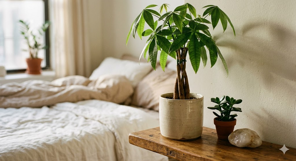 Close-up of a money tree plant in a cream ceramic pot sitting on a wooden corner shelf in a studio apartment. Golden afternoon light. Beside it, a small jade plant and a smooth quartz stone. Background shows a blurred bed with white linen. Warm, minimal, organic aesthetic. Film grain, soft shadows.