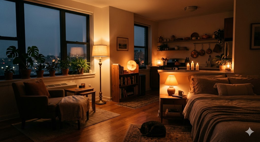 A cozy studio apartment at dusk lit entirely by warm-toned lamps — a floor lamp in the corner, a small table lamp beside the bed, candles on the kitchen counter. The overhead light is off. The space glows amber and terracotta. Soft shadows. Potted plant on a shelf silhouetted against the window. Cinematic, intimate, peaceful mood.