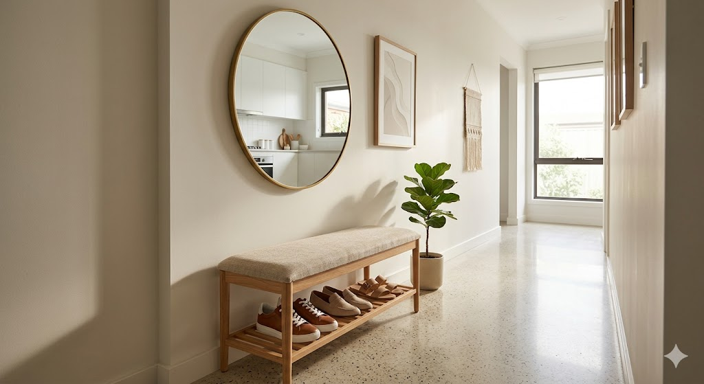 A slim, stylish shoe bench placed in a narrow, well-lit hallway. Beside it is a small round mirror reflecting a clean, organized space. The scene is bright and airy, showing how functional furniture can enhance a small area.