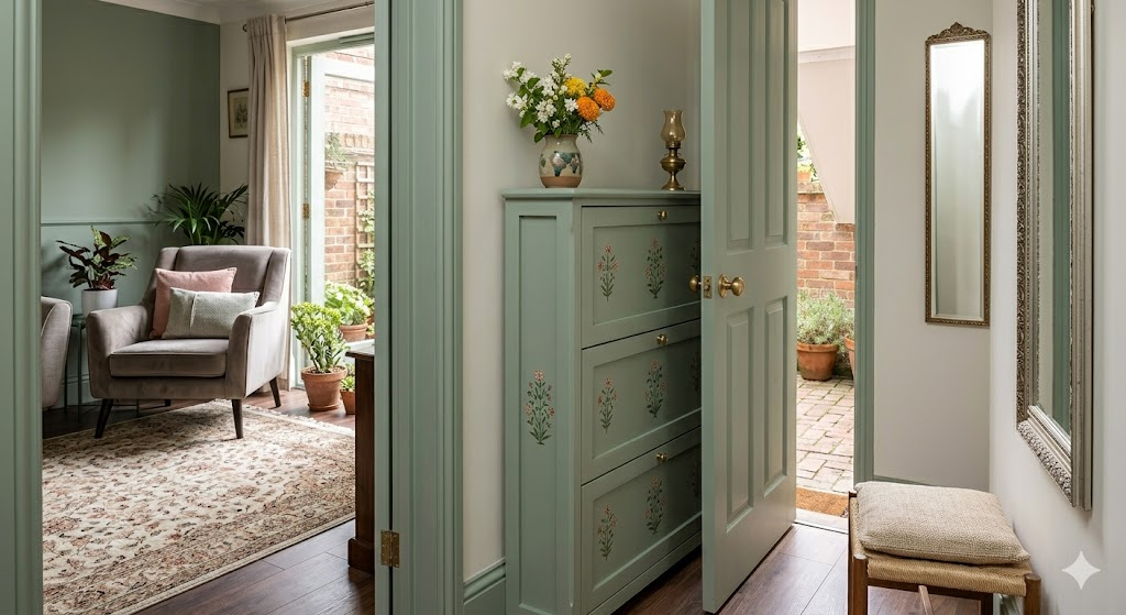 A creative shoe storage solution for a small apartment, showing a tall, narrow cabinet tucked behind a living room door. The cabinet is decorated with a small vase of flowers, blending seamlessly into the room's decor.