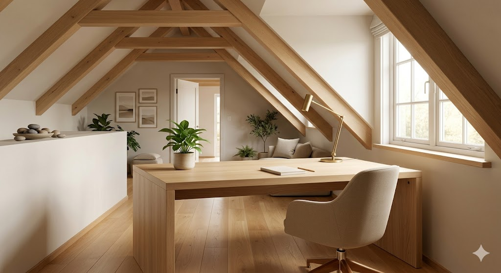 A high-resolution, photorealistic interior shot of a modern Feng Shui study nook. A light wood desk is positioned in the "Command Position" facing the door but slightly offset. There is a large window to the side letting in soft morning light, a comfortable ergonomic chair with a solid wall behind it, and a single green potted plant on the desk. Minimalist, serene atmosphere.